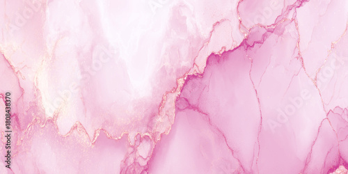 Pink and magenta alcohol ink abstract background with elegant rose gold glitter veins and fluid marble texture use for wedding stationery, beauty product packaging.