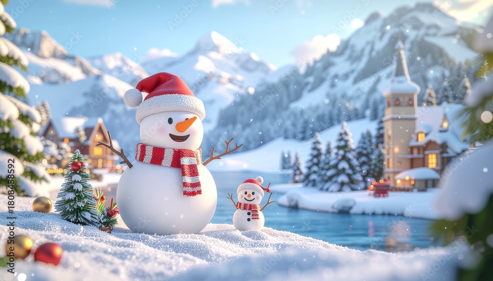 Fototapeta premium クリスマスの風景と親子の雪だるま AI生成素材