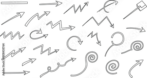 Variety of handdrawn dashed line arrows in different styles and directions, isolated on white background