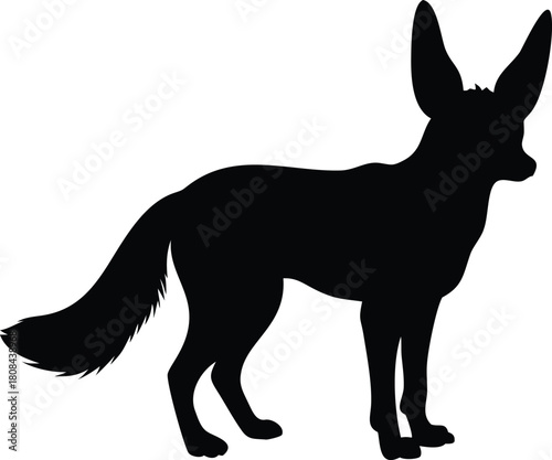A striking silhouette of a fennec fox standing in a profile view