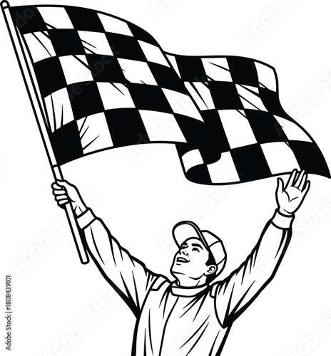 Black and white vector illustration of happy race car driver holding checkered flag in victory, isolated on white background for motorsport design concepts.
