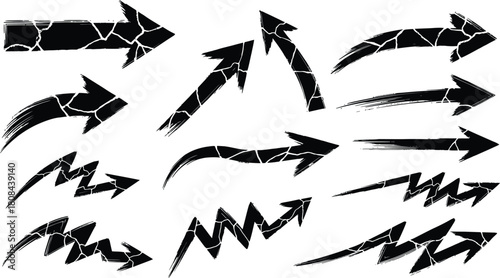 Set of distressed grunge arrows with broken texture, hand drawn style, isolated on white background