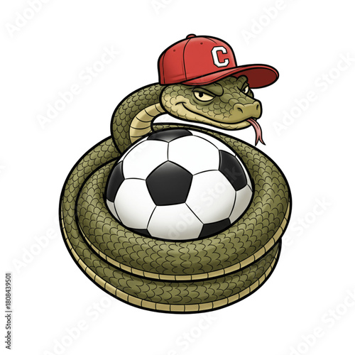 Cartoon snake coils around a soccer ball smiling