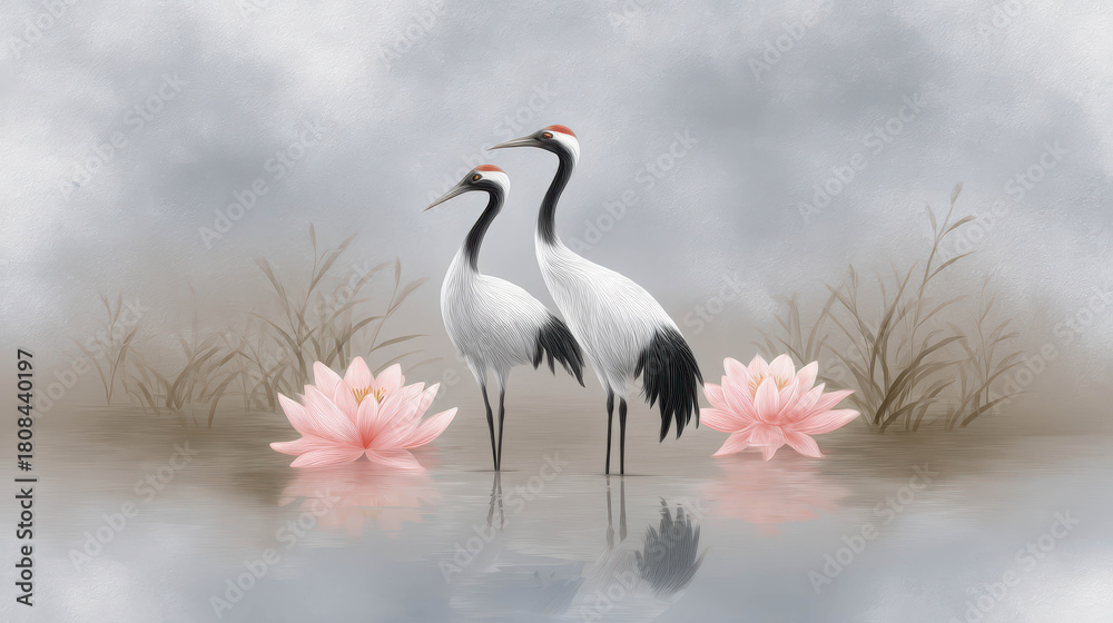 Obraz premium Pair of Elegant Cranes by a Tranquil Pond Surrounded by Lush Pink Lotus Flowers in a Serene Landscape