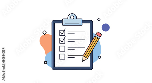 A clean illustration of a clipboard holding a checklist with some items marked complete, accompanied by a pencil, symbolizing efficient task management.