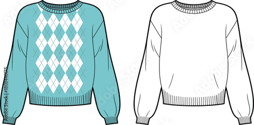 Technical fashion flat sketch of oversized cropped sweater template with classic argyle pattern, balloon sleeves, and ribbed trim, vector