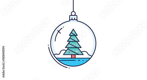 A charming and minimalist illustration of a transparent Christmas ornament containing a festive evergreen tree and snowy landscape, ready for holiday decoration.