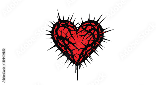 Red heart symbol entangled in sharp black thorns with dripping accents, representing pain or passionate love on a white background.