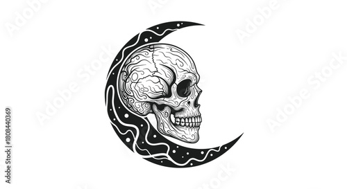 An illustrative black and white drawing of a human skull against a mystical crescent moon, adorned with cosmic patterns and stars.