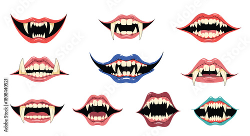 A collection of various cartoon vampire and monster mouths with sharp fangs and different lip styles, perfect for Halloween designs.