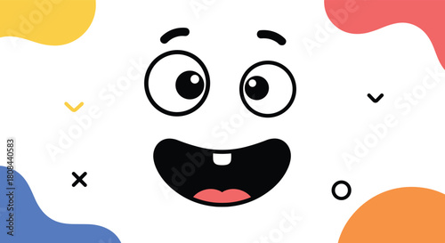 A cheerful and funny cartoon face with wide eyes and a missing front tooth smiles widely against a vibrant background of colorful abstract shapes.