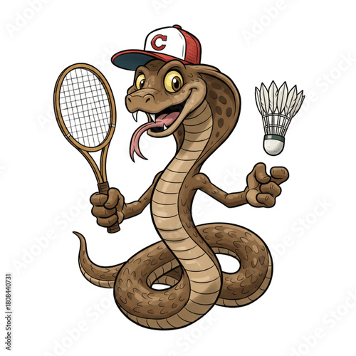 Cartoon snake poses with sporting equipment items.