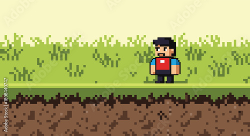 Retro pixel art male character with a beard stands on a green grassy ground with dirt, embodying classic video game design.
