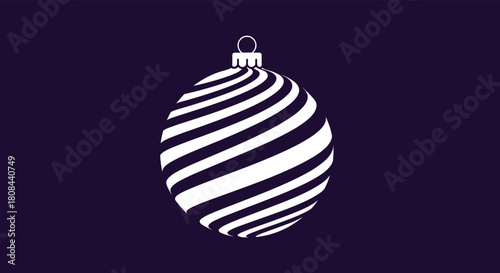 A graphic white Christmas ornament with a captivating swirling striped pattern stands out against a deep, dark purple background, symbolizing holiday cheer.
