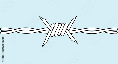 A graphic illustration depicting a single section of barbed wire with sharp barbs twisted around the main strands, set against a light blue background.