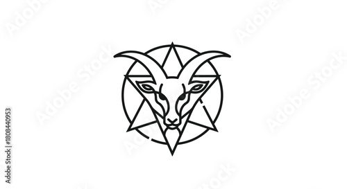 Line art illustration of a goat head, commonly representing Baphomet, within an inverted pentagram and circle, a symbol associated with occultism.