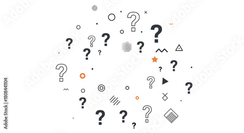 Abstract pattern of scattered question marks and geometric shapes on a white background, representing curiosity, doubt, and problem-solving.