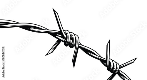 Close-up black and white illustration of sharp barbed wire, symbolizing restriction, security, and potential danger.