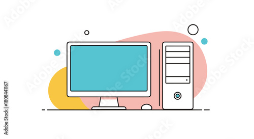 Modern line art illustration of a desktop computer setup, featuring a monitor and PC tower, with abstract colorful background shapes.