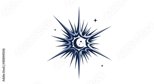 Stylized blue starburst with a crescent moon and tiny stars, evoking cosmic wonder and nighttime magic.