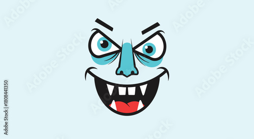 Spooky cartoon monster face featuring a wide, mischievous grin, sharp fangs, blue eyes, and an exaggerated nose on a pale blue background.