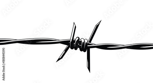 A detailed, stylized black and white illustration of a single strand of barbed wire with sharp barbs, set against a plain white background.
