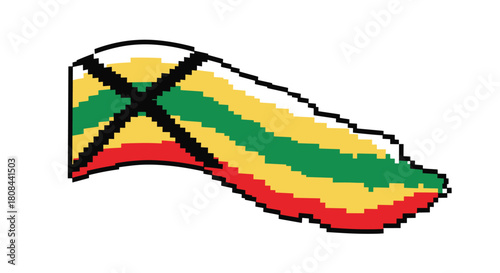 Pixel art illustration of a waving flag with yellow, green, and red stripes and a black X-mark, representing Rastafarian culture.