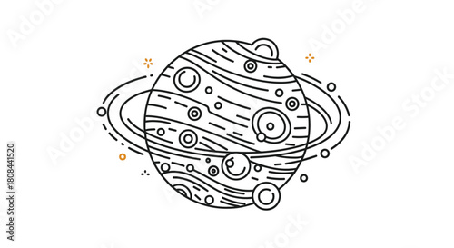 Minimalist line art illustration of a ringed planet, possibly Saturn, with various moons and stars in a cosmic setting.