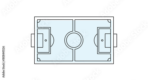 A top-down minimal illustration of a foosball table, showcasing the playing field with goals, central circle, and marked areas.
