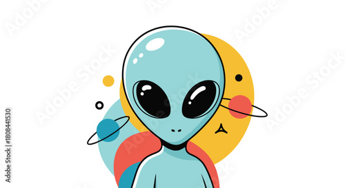 A cute, minimalist alien character with large eyes stands against a vibrant, abstract cosmic background featuring stylized planets and colorful shapes.