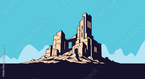 A stylized pixel art illustration of ancient castle ruins atop a rocky landscape under a clear blue sky, evoking a retro game aesthetic.