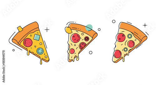 Three appetizing pizza slices with dripping cheese and assorted toppings, depicted in a fun, minimalist line art style.