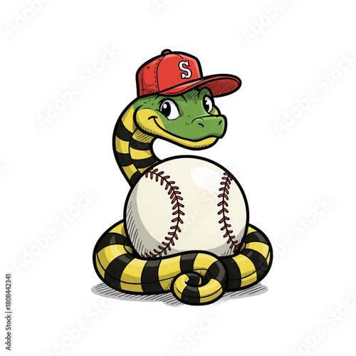 Friendly cartoon snake wears baseball cap and ball