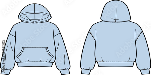 Technical fashion flat sketch template of oversized cropped hoodie with dropped shoulders, voluminous sleeves, and kangaroo pocket, vector
