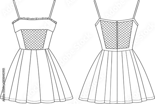 Technical fashion flat sketch template of women's mini camisole dress with netted panel bodice, ruffle trim, and thin straps, vector
