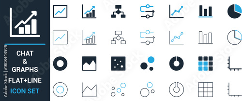 Flat and line style chart and graph icon set featuring bar, line, pie, donut, area, scatter, bubble, radar, matrix, axis and flow diagram elements for data analytics, UI and business design.