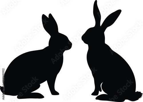 Two black silhouette rabbits are facing each other in a simple presentation
