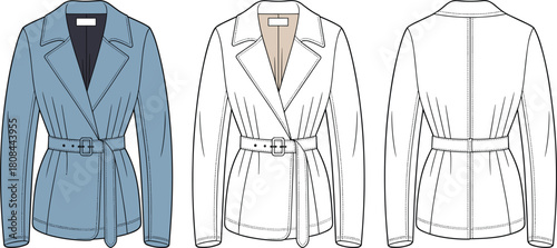 Technical fashion flat sketch template of women's short belted wrap jacket, with lapel collar, front and back view, vector