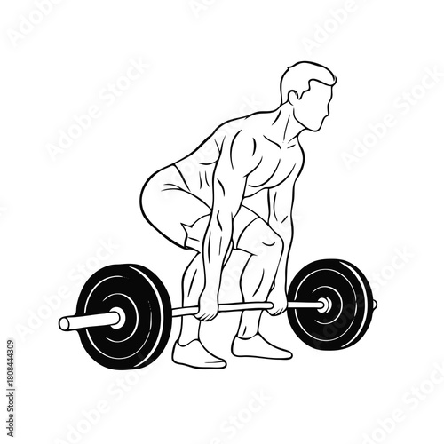 Black and white line art illustration of a muscular man performing a deadlift exercise with a barbell, demonstrating weightlifting and strength training.