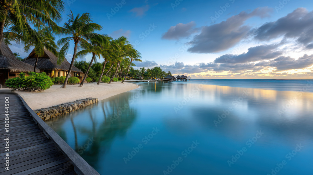 Fototapeta premium Tranquil Rainy Evening Serenity with Reflection Over Calm Water and Lush Tropical Palms in an Idyllic Coastal Location
