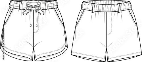 Athletic shorts technical flat sketch, dolphin hem, fashion vector illustration, apparel design template, front and back view, CAD mockup