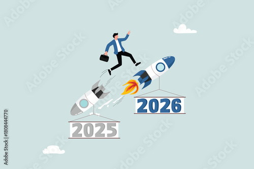 Switching to a better company, innovation for success or changing careers to a new path, the concept of 2025 to 2026, entrepreneurs jumping from an old rocket to a growing rocket.