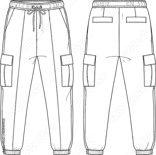 Cargo jogger pants vector template, technical flat sketch for apparel design, unisex trousers mock-up with pockets, fashion CAD illustration, front and back view