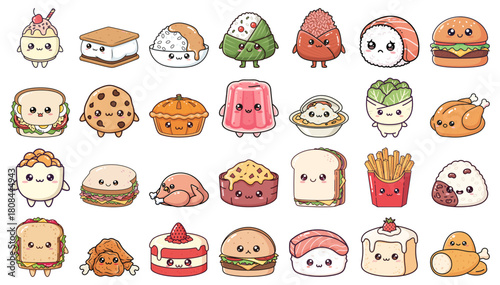 Adorable kawaii food character collection, cute cartoon meal icons vector
