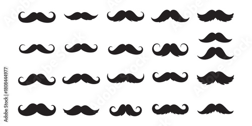 "A collection of 30 unique mustache silhouettes in black on white background, classic, modern, curly, handlebar, vintage and cartoon styles, centered and evenly spaced"