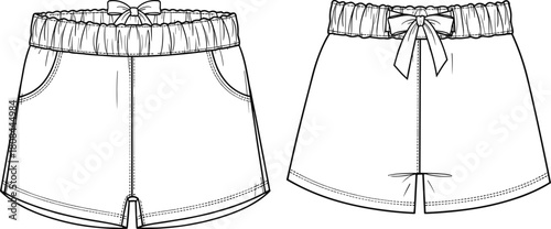 Casual shorts technical drawing with elastic waistband and back bow ribbon detail, front and back view, cad drawing flat vector illustration.