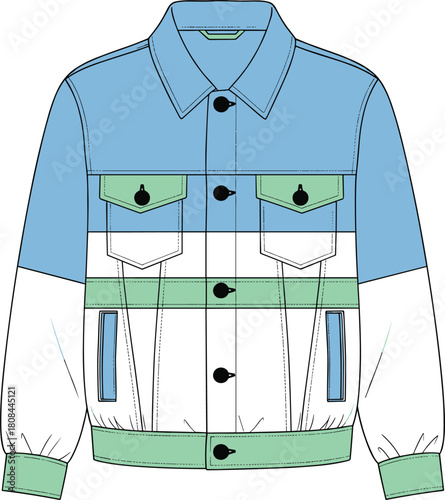 Color-block denim jacket vector template, technical flat sketch for apparel design, fashion CAD illustration of a trucker jacket, isolated mock-up.