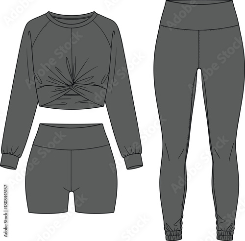Activewear set featuring twist front crop top, high waist biker shorts and jogger leggings, technical fashion sketch, cad drawing flat vector illustration.