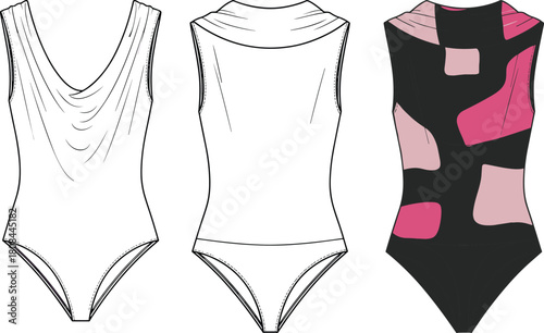 Drape cowl neck bodysuit fashion flat set, sleeveless front, high neck back, technical drawing, vector template for apparel design, CAD mock-up.
