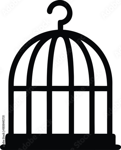 A simple black outline illustration of an empty birdcage with a handle